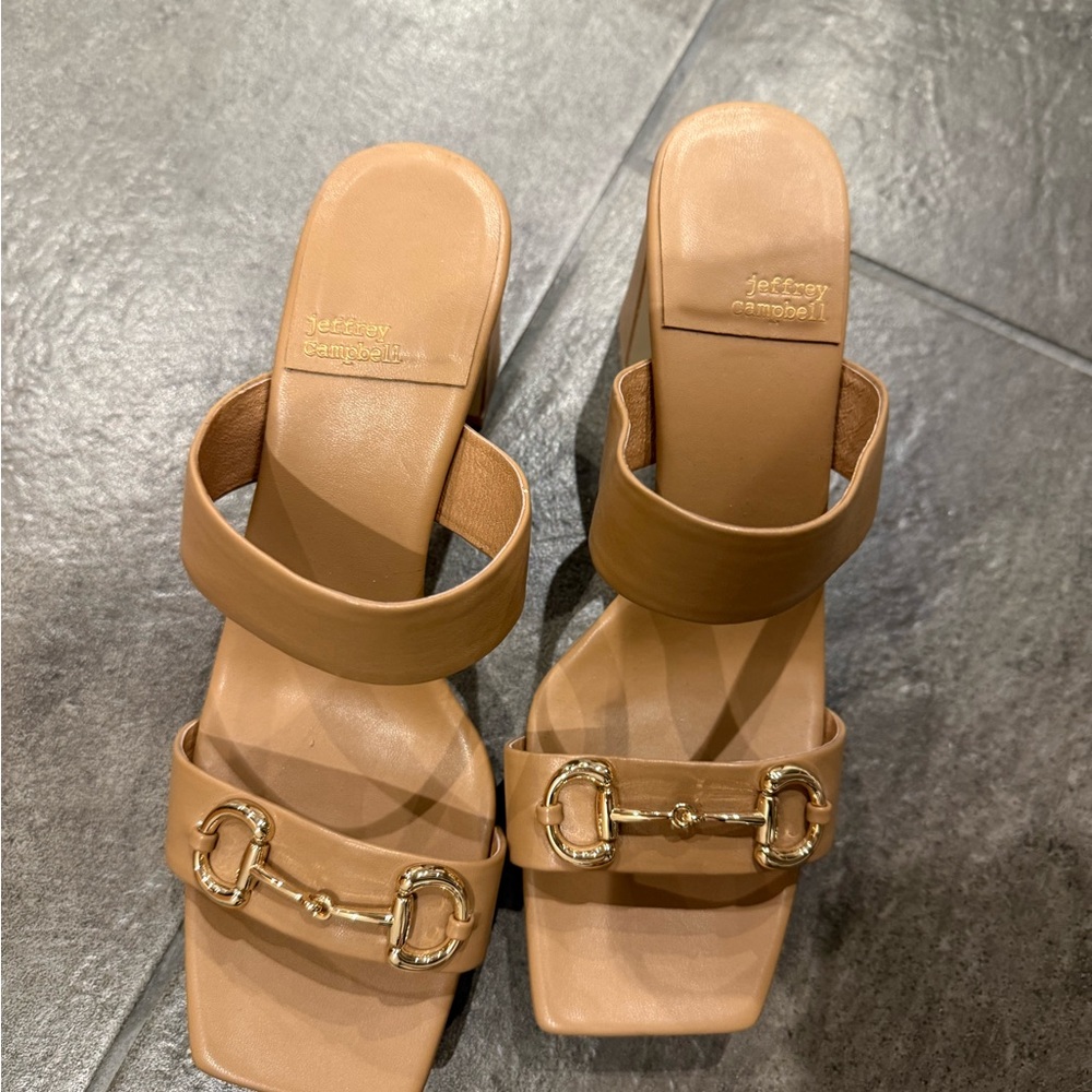 Jeffrey Campbell Tan Leather Heeled Slide Sandals with Gold Hardware